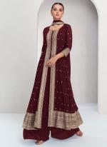 Real Georgette Maroon Wedding Wear Embroidery Work Readymade Plazzo Suit